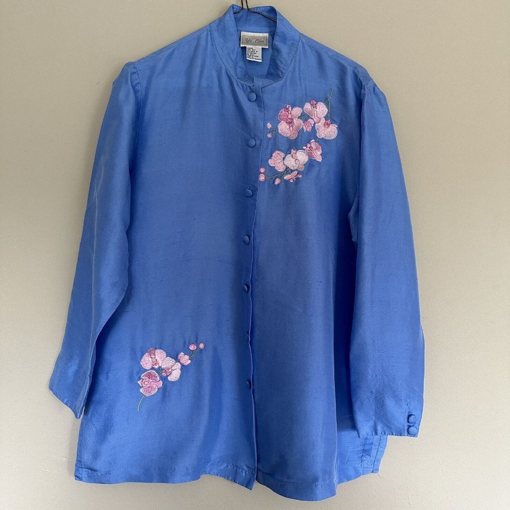 100% Silk Embroidered Floral Blouse Asian Style Size L